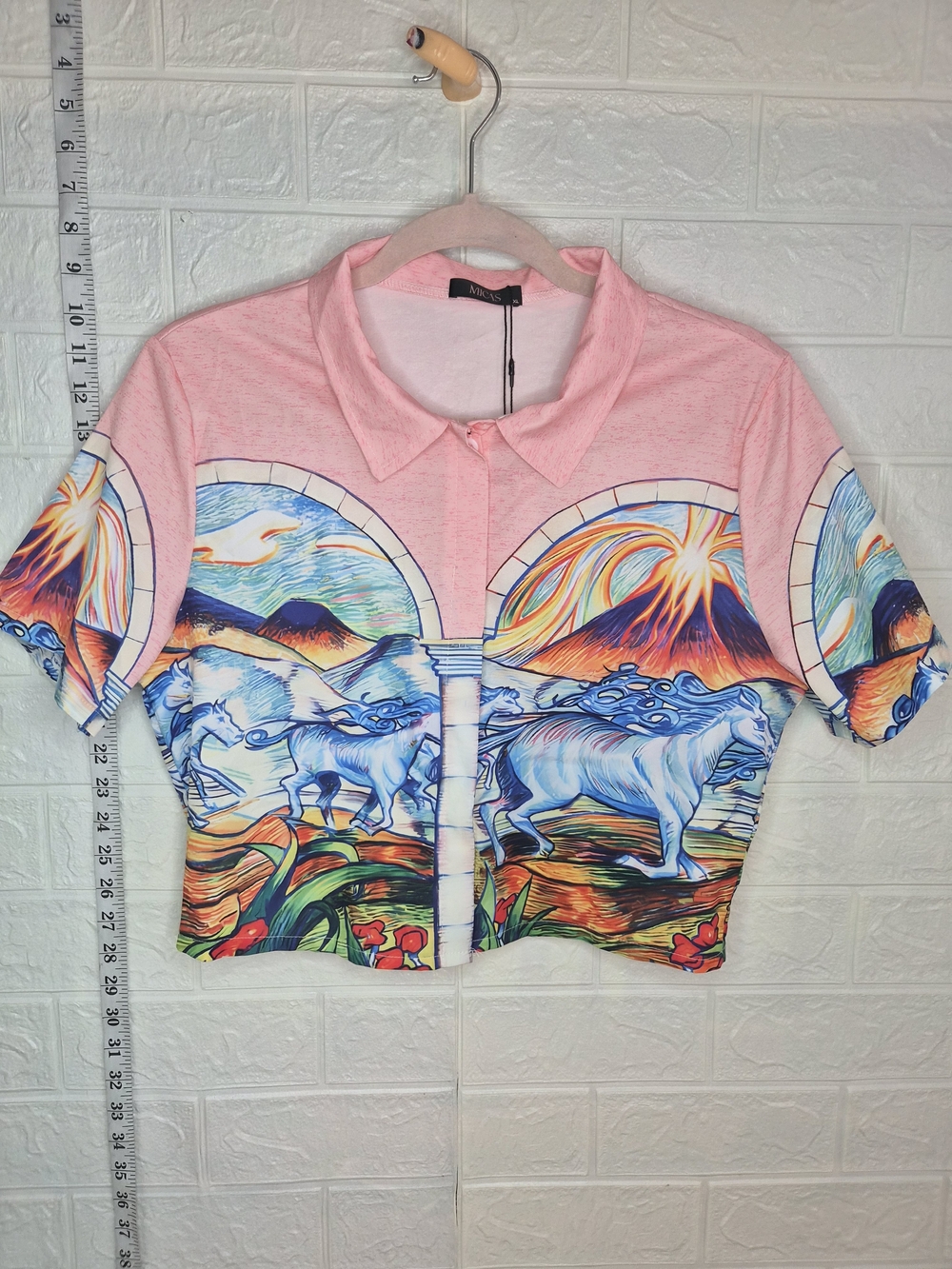 Casablanca Style Size XL Shirt Cuban Collared Chevaux Short Sleeve Crop Colorful